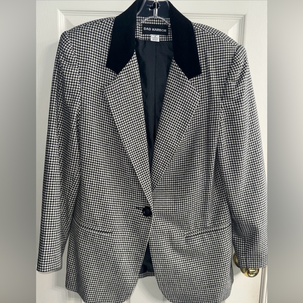 Sag Harbor blazer houndstooth black/white acrylic poly Wool blend Velvet Collar